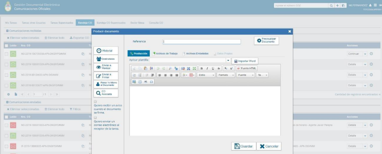 Pantalla de tarea de producción